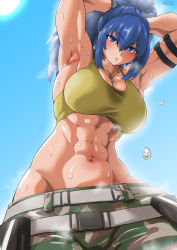 Rule 34 | 1girl, abs, ammunition pouch, armlet, armpits, arms up, bare shoulders, belt, blue eyes, blue hair, blue sky, breasts, camouflage, camouflage pants, dog tags, earrings, gloves, highres, jewelry, large breasts, leona heidern, midriff, military, military uniform, muscular, muscular female, pants, ponytail, pouch, sky, sleeveless, solo, sorahachi midoro, standing, sweat, sweatdrop, tank top, the king of fighters, the king of fighters xiv, the king of fighters xv, triangle earrings, uniform, yellow tank top