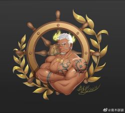 Rule 34 | 1boy, arm tattoo, bandaid, bandaid on cheek, bandaid on face, bara, chest tattoo, completely nude, cropped torso, cross scar, crossed arms, dark-skinned male, dark skin, dumbbell necklace, eyebrow cut, facial hair, goatee, indie virtual youtuber, large pectorals, laurel crown, rai bolim, long sideburns, looking at viewer, male focus, mature male, muscular, muscular male, nipples, nude, pectorals, qingmi tantan (7648404677), scar, scar on chest, scar on face, scar on nose, short hair, sideburns, smile, solo, tattoo, thick eyebrows, virtual youtuber, white hair