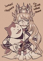 Rule 34 | 1boy, 1girl, aimoahmed, butterfly hair ornament, celine (fire emblem), closed eyes, crown, crying, facing viewer, fire emblem, fire emblem engage, hair ornament, highres, long hair, monochrome, nintendo, open mouth, sommie (fire emblem), two-tone fur, very long hair