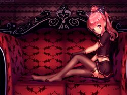 Rule 34 | 1girl, bad id, bad pixiv id, black gloves, black shirt, black skirt, black thighhighs, bow, couch, crop top, earrings, eiroyi, from side, full body, garter straps, gk, gloves, groin, hair bow, heart, heart print, high ponytail, highres, jewelry, long hair, looking at viewer, midriff, navel, no shoes, original, pink eyes, pleated skirt, red hair, shirt, short sleeves, sitting, skirt, smile, solo, stomach, thighhighs