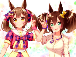 Rule 34 | 2girls, animal ears, blue eyes, breasts, brown eyes, brown hair, cleavage, collarbone, commentary request, fox shadow puppet, hair ribbon, highres, horse ears, inari one (umamusume), medium breasts, multiple girls, pointing, pointing up, ribbon, short twintails, simple background, smart falcon (umamusume), smile, sugimotty nova, twintails, umamusume, white background