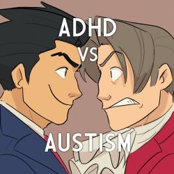 Rule 34 | 2boys, ace attorney, ascot, black hair, brown background, brown hair, clenched teeth, closed mouth, commentary, english commentary, english text, eye contact, face-to-face, faceoff, from side, highres, looking at another, male focus, meme, miles edgeworth, multiple boys, phoenix wright, profile, short hair, simple background, smile, stellalights, teeth, typo, upper body