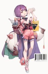 Rule 34 | 1girl, :q, ankle ribbon, backpack, bag, barcode, bob cut, bottle, fate/grand order, fate (series), frilled shorts, frills, gourd, highres, holding, horns, leg ribbon, overalls, pink footwear, pink shorts, platform footwear, purple eyes, purple hair, rawtuna, ribbon, short hair, shorts, shoulder bag, shuten douji (fate), skin-covered horns, sleeveless, solo, thick eyebrows, tongue, tongue out, water bottle, white background