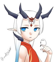 Rule 34 | 1girl, akira (meltyhip), bird, bird on hand, blue eyes, blue hair, bright pupils, china dress, chinese clothes, dress, flat chest, from side, gradient hair, hand up, highres, horns, jitome, long hair, looking at viewer, looking to the side, monster girl, multicolored hair, multiple horns, original, parted lips, simple background, solo, twitter username, upper body, white background, white hair, white pupils