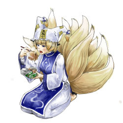 Rule 34 | 1girl, aburaage, animal hat, bad id, bad pixiv id, barefoot, blonde hair, blue eyes, chopsticks, cup ramen, donbee (food), donbei kitsune udon, eating, expressive clothes, female focus, food, fox tail, hat, highres, instant udon, long sleeves, mob cap, multiple tails, nissin donbei, noodles, open mouth, robe, seiza, short hair, sitting, soba, solo, surcoat, tail, tassel, tkms, touhou, white background, wide sleeves, yakumo ran