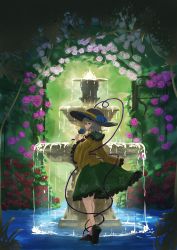 Rule 34 | 1girl, absurdres, arch, black footwear, black hat, blouse, blue flower, blue rose, bush, closed mouth, commentary, floral arch, floral print, flower, fountain, frilled shirt collar, frilled sleeves, frills, from side, full body, gengetuhime, grass, green eyes, green hair, green skirt, hat, hat flower, highres, holding, holding flower, komeiji koishi, long sleeves, looking at viewer, pink flower, pink rose, red flower, red rose, rose, rose print, shirt, shoes, short hair, sideways glance, skirt, smile, standing, third eye, touhou, wading, water, white flower, white rose, wide sleeves, yellow shirt