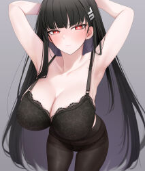 Rule 34 | 1girl, armpits, black bra, black hair, black panties, black pantyhose, blue archive, blush, bra, breasts, cleavage, closed mouth, collarbone, cowboy shot, fed (giba), gradient background, hair ornament, hairpin, highres, large breasts, long hair, looking at viewer, panties, panties under pantyhose, pantyhose, red eyes, rio (blue archive), solo, underwear