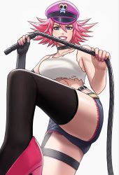 Rule 34 | 1girl, blue eyes, breasts, collar, commentary request, crop top, from below, garter straps, grin, hair between eyes, hat, high heels, highres, holding, holding whip, legs, legwear garter, lipstick, looking at viewer, makeup, medium breasts, peaked cap, pink footwear, pink hair, poison (final fight), pumps, purple hat, short hair, short shorts, shorts, single garter strap, single legwear garter, single thighhigh, smile, solo, spiked hair, street fighter, street fighter v, thighhighs, whip, you gonna get raped, yuko666