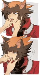 Rule 34 | ..., 1boy, 1other, absurdres, animal ears, annoyed, biting, black shirt, brown eyes, brown hair, cocaduel, duel academy uniform (yu-gi-oh! gx), fangs, finger biting, finger in another&#039;s mouth, glaring, highres, jacket, male focus, red jacket, shirt, short hair, solo focus, yu-gi-oh!, yu-gi-oh! gx, yuki judai