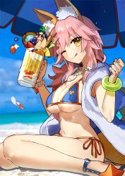 Rule 34 | 10s, 1girl, ;p, absurdres, animal ears, beach, bikini, blue bikini, blush, bracelet, breasts, cleavage, day, eating, fate/extra, fate/grand order, fate (series), food, fox ears, hat, highres, ice cream, jewelry, large breasts, long hair, looking at viewer, navel, necklace, ocean, official art, one eye closed, pink hair, resized, sandals, sitting, smile, solo, sundae, swimsuit, tamamo (fate), tamamo no mae (fate/extra), tamamo no mae (swimsuit lancer) (fate), tamamo no mae (swimsuit lancer) (third ascension) (fate), tongue, tongue out, umbrella, underboob, upscaled, wada arco, wafer stick, waifu2x, white hat, yellow eyes