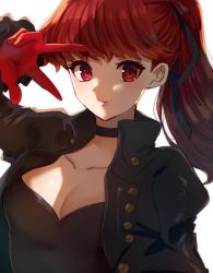 Rule 34 | 1girl, black choker, black jacket, black leotard, black ribbon, breasts, buttons, choker, cleavage, closed mouth, collarbone, commentary, edamameoka, frilled sleeves, frills, gloves, hair ribbon, highres, jacket, leotard, lips, long hair, long sleeves, looking at viewer, medium breasts, open clothes, open jacket, persona, persona 5, persona 5 the royal, pink lips, ponytail, red eyes, red gloves, red hair, ribbon, simple background, smile, solo, upper body, w, white background, yoshizawa kasumi