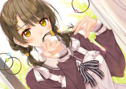 Rule 34 | 1girl, amamiya chiharu, black bow, blurry, blurry background, blush, bow, braid, braided bangs, brown eyes, brown hair, brown shirt, closed mouth, collared shirt, commentary request, curtains, day, depth of field, dress, dutch angle, hair ornament, hair tie, hands up, holding, looking at viewer, low twintails, original, shirt, sleeveless, sleeveless dress, solo, star (symbol), star hair ornament, striped, striped bow, twin braids, twintails, white dress, window
