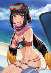 Rule 34 | 1girl, arm garter, arm under breasts, bare shoulders, beppu mitsunaka, bikini, black gloves, black hair, blue sky, blush, breasts, cellphone, cleavage, fate/grand order, fate (series), gloves, goggles, goggles on head, gradient hair, highres, large breasts, long hair, looking at viewer, low twintails, multicolored hair, navel, ocean, open mouth, osakabehime (fate), osakabehime (swimsuit archer) (fate), osakabehime (swimsuit archer) (second ascension) (fate), phone, pink bikini, pink scarf, scarf, sitting, ski goggles, sky, smile, swimsuit, twintails, very long hair