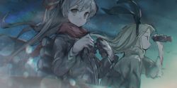 Rule 34 | 2girls, amatsukaze (kancolle), binoculars, blonde hair, brown eyes, closed mouth, hair ornament, hair tubes, hairband, holding, holding binoculars, jacket, kantai collection, long hair, long sleeves, looking at viewer, multiple girls, night, outdoors, ph., red scarf, rigging, scarf, shimakaze (kancolle), silver hair, sky, star (sky), starry sky, sweat, torpedo, torpedo tubes, twintails, two side up