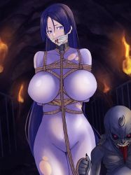 Rule 34 | 1boy, 1girl, arms behind back, bdsm, bodysuit, bondage, bound, breast bondage, breasts, collar, defeat, dungeon, fate/grand order, fate (series), gagged, hao718, highres, horns, large breasts, leash, long hair, metal collar, minamoto no raikou (fate), oni, purple bodysuit, purple eyes, purple hair, restrained, rope, shibari, single horn, tongue, tongue out, torch, torn bodysuit, torn clothes, very long hair