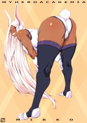 Rule 34 | 1girl, animal ears, ass, bent over, black thighhighs, boku no hero academia, breasts, character name, clothing cutout, dark-skinned female, dark skin, donson, from behind, fur collar, grin, hands on own knees, highleg, highleg leotard, highres, huge ass, huge breasts, leotard, mirko, muscular, muscular female, rabbit ears, rabbit girl, rabbit tail, red eyes, smile, solo, tail, tail through clothes, tan, thick thighs, thighhighs, thighs
