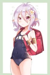 Rule 34 | 1girl, absurdres, apricot2000, armband, backpack, bag, blue one-piece swimsuit, blush, breasts, collarbone, flower, green background, hair between eyes, hair flower, hair ornament, highres, kokkoro (princess connect!), light purple hair, one-piece swimsuit, pointy ears, princess connect!, randoseru, red eyes, school swimsuit, short hair, simple background, small breasts, solo, sweat, nervous sweating, swimsuit, white background