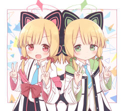 Rule 34 | 2girls, :d, absurdres, animal ear headphones, animal ears, ayanepuna, black skirt, blonde hair, blue archive, blue necktie, blush, bow, closed mouth, collared shirt, commentary, double v, english commentary, fake animal ears, green bow, green eyes, hair bow, halo, hands up, headphones, highres, jacket, long sleeves, midori (blue archive), momoi (blue archive), multiple girls, necktie, open clothes, open jacket, open mouth, pleated skirt, red bow, red eyes, shirt, siblings, sidelocks, sisters, skirt, smile, twins, v, white background, white jacket, white shirt, wide sleeves
