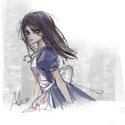 Rule 34 | 1girl, alice: madness returns, alice liddell (american mcgee&#039;s alice), american mcgee&#039;s alice, american mcgee's alice, apron, black hair, blood, blood on clothes, blue dress, character name, dress, film grain, green eyes, highres, horseshoe, horseshoe necklace, long hair, puffy short sleeves, puffy sleeves, short sleeves, solo, thenintlichen96, white apron