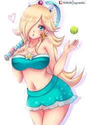 Rule 34 | 1girl, artist name, ball, bare arms, bare shoulders, blonde hair, blue eyes, blue shirt, blue skirt, body blush, breasts, brooch, cleavage, crop top, crown, earrings, eyelashes, hair over one eye, heart, hip focus, jewelry, large breasts, lips, long hair, looking at viewer, mario (series), mario tennis, mario tennis: ultra smash, midriff, miniskirt, navel, nintendo, open hand, over shoulder, parted lips, patreon logo, patreon username, racket, rosalina, shirt, silhouette, simple background, skirt, solo, sparkle, star (symbol), star earrings, strapless, strapless shirt, sugarbell, tennis ball, tennis racket, white background