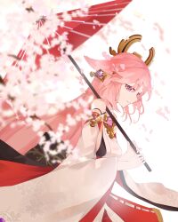 Rule 34 | 1girl, absurdres, azisai, bare shoulders, blurry, blurry foreground, breasts, detached sleeves, genshin impact, glint, hair ornament, highres, holding, holding umbrella, japanese clothes, kimono, long hair, long sleeves, looking at viewer, looking to the side, medium breasts, obi, oil-paper umbrella, parted lips, pink hair, purple eyes, sash, sleeveless, sleeveless kimono, solo, umbrella, upper body, white kimono, wide sleeves, yae miko