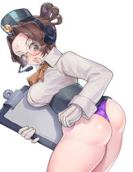 Rule 34 | 1girl, anger vein, ascot, ass, blush, brown hair, chamame, clipboard, cowboy shot, from behind, garrison cap, glasses, gloves, green eyes, hat, headset, highres, looking back, military, military uniform, molly (skullgirls), open mouth, panties, skullgirls, solo, underwear, uniform, white background