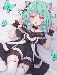 Rule 34 | 1girl, absurdres, ahoge, animal ears, bare shoulders, bed sheet, black dress, blonde hair, blunt bangs, blush, bow, bug, butterfly, cat ears, cat girl, collarbone, cowboy shot, detached collar, dress, fang, frilled dress, frills, fur, garter straps, gothic lolita, hair bow, hands up, highres, hololive, insect, lolita fashion, looking at viewer, lying, medium hair, messy hair, off-shoulder dress, off shoulder, on back, open mouth, red eyes, shano hiyori, short sleeves, sidelocks, skin fang, solo, straight-on, thighhighs, thighs, uruha rushia, uruha rushia (3rd costume), virtual youtuber, white thighhighs, wrist cuffs