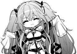 Rule 34 | 1girl, anchorage (azur lane), azur lane, chibi, cleavage cutout, close-up, clothing cutout, greyscale, hair between eyes, hair ornament, hori (hori no su), leash, long hair, long sleeves, looking to the side, midriff, monochrome, navel, one eye closed, outstretched arms, simple background, smile, solo, spread arms, stomach, tagme, twintails, very long sleeves, white background
