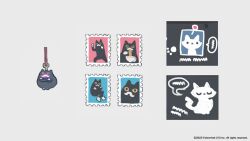 Rule 34 | bowl, cat, charm (object), concept art, crossed arms, eating, facial hair, fighting stance, food, full body, grey cat, holding, holding bowl, kuroboshi kouhaku, mustache, noodles, official art, postage stamp, ramen, sketch, tsurugihime