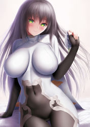 Rule 34 | 1girl, black bodysuit, black gloves, black hair, blush, bodysuit, breasts, bun cover, cape, closed mouth, covered navel, elbow gloves, fate/grand order, fate (series), fingerless gloves, gloves, green eyes, hair between eyes, hair down, highres, large breasts, long hair, looking at viewer, masatoki, qin liangyu (fate), sidelocks, simple background, skin tight, smile, solo, thighs, white background, white cape