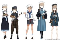 Rule 34 | 5others, astg, baker nemo (fate), barefoot, beret, black sailor collar, blue hair, blue socks, bow, brown hair, dress, engineer nemo (fate), fate/grand order, fate (series), full body, glasses, gradient hair, hair bow, hair ribbon, hat, holding, jacket, long hair, long sleeves, marine nemo (fate), multicolored hair, multiple others, nemo (fate), nurse nemo (fate), official art, open clothes, open jacket, professor nemo (fate), ribbon, round eyewear, sailor collar, sidelocks, smile, socks, standing, sweat, tan, turban, twintails, white headwear, white socks