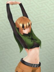 Rule 34 | 1girl, ;), absurdres, arms up, belt, black belt, black hair, black shirt, blunt bangs, breasts, closed mouth, commentary request, creatures (company), eyelashes, game freak, gardenia (pokemon), green background, green poncho, highres, medium breasts, midriff, multicolored hair, navel, nintendo, one eye closed, orange eyes, orange hair, orange shorts, pokemon, pokemon dppt, shirt, shorts, smile, solo, soratobukaeru00, stretching, two-tone hair