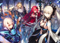 Rule 34 | 4girls, absurdres, armor, baobhan sith (fate), baobhan sith (first ascension) (fate), barghest (fate), black dress, blonde hair, cane, crown, dress, fate/grand order, fate (series), grey hair, hair ornament, highres, long hair, looking at viewer, melusine (fate), melusine (first ascension) (fate), morgan le fay (fate), multiple girls, nakanishi tatsuya, pointy ears, ponytail, red dress, red hair, sword, weapon
