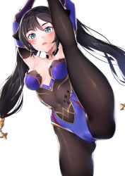 Rule 34 | 1girl, absurdres, black hair, blue eyes, blush, bodysuit, breasts, choker, covered navel, flexible, genshin impact, highres, ia (ias1010), leg lift, leg up, leotard, long hair, looking at viewer, mona (genshin impact), open mouth, sidelocks, simple background, solo, split, standing, standing on one leg, standing split, sweat, thighs, twintails