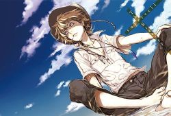 Rule 34 | 1boy, album cover, barefoot, brown hair, cover, hait, jewelry, lowres, male focus, midriff, miwa shirow, necklace, non-web source, original, purple eyes, short hair, sitting, solo, supercell (band), water