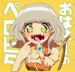 Rule 34 | 1girl, :d, blush, bow (weapon), brown hair, commentary request, cropped torso, fangs, finger to mouth, fingernails, foreshortening, green eyes, hand up, looking at viewer, moudoku (decopon3rd), open mouth, pretty series, pripara, reaching, reaching towards viewer, saliva, sharp fingernails, short hair, short hair with long locks, smile, solo, taiyo pepper, tan, tongue, translation request, tunic, upper body, weapon, yellow background