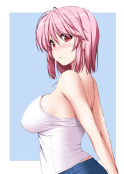 Rule 34 | 1girl, alternate costume, arms behind back, bare arms, bare shoulders, blue background, blush, border, breasts, camisole, commentary request, from side, hair between eyes, highres, large breasts, looking at viewer, no headwear, nori tamago, nose blush, outside border, parted lips, pink hair, red eyes, saigyouji yuyuko, short hair, sidelocks, simple background, solo, touhou, upper body, white border