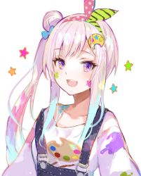 Rule 34 | 1girl, airani iofifteen, airani iofifteen (1st costume), collarbone, fuzichoco, hair bun, hair ornament, hair ribbon, hairband, hairclip, highres, hololive, hololive indonesia, multicolored hair, open mouth, overalls, paint splatter, pink hair, purple eyes, ribbon, side bun, side ponytail, single side bun, solo, two-tone hair, upper body, virtual youtuber