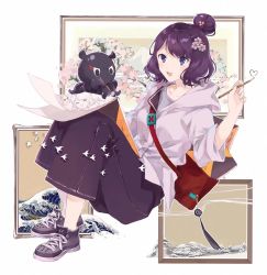 Rule 34 | 1girl, :d, animal, bag, black footwear, blush, collarbone, fate/grand order, fate (series), fine art parody, flower, grey shirt, hair bun, hair ornament, heart, highres, holding, holding pencil, hood, hood down, hooded jacket, jacket, kanagawa okinami ura, katsushika hokusai (fate), katsushika hokusai (traveling outfit) (fate), lizi13896363898, long sleeves, looking at viewer, mountain, notepad, octopus, official alternate costume, open mouth, pants, parody, pencil, picture frame, pink flower, purple eyes, purple hair, purple pants, shirt, shoes, shoulder bag, single hair bun, sitting, smile, sneakers, solo, tokitarou (fate), tree, waves, white background, white jacket