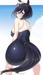 Rule 34 | 1girl, animal ears, ass, ass focus, black hair, blue eyes, blue one-piece swimsuit, blush, bob cut, breasts, competition school swimsuit, covered erect nipples, eishin flash (umamusume), from behind, gradient background, hair between eyes, highres, horse ears, horse girl, horse tail, looking at viewer, looking back, medium breasts, one-piece swimsuit, school swimsuit, shingo., shiny skin, short hair, skin tight, solo, squatting, swept bangs, swimsuit, tail, umamusume, white background, wide hips