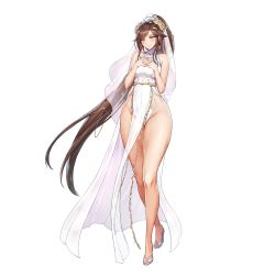 Rule 34 | 1girl, blush, breasts, bridal lingerie, bridal veil, bride, brown hair, clothing cutout, dress, flower, full body, game cg, gem, grey eyes, grin, groin, hair flower, hair ornament, hairclip, hands on own chest, high heels, highres, hip focus, kakiman, khan the swift, large breasts, last origin, linea alba, lingerie, long hair, official alternate costume, official art, open mouth, pelvic curtain, ponytail, red gemstone, revealing clothes, see-through, simple background, smile, solo, tachi-e, thick thighs, thighs, transparent background, underwear, veil, very long hair, wedding dress, white dress, white footwear, wide hips, yellow flower