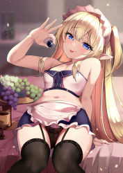 Rule 34 | 1girl, apron, arm support, arm up, armpits, bare arms, bare shoulders, black panties, black thighhighs, blonde hair, blue eyes, blue skirt, breasts, collarbone, crop top, cup, elf, food, frilled skirt, frills, fruit, garter straps, glint, grapes, halterneck, halterneck, highres, holding, long hair, looking at viewer, maid, maid apron, maid headdress, microskirt, midriff, miniskirt, navel, nezielmi, one side up, original, panties, pointy ears, shirt, sidelocks, sitting, skirt, sleeveless, sleeveless shirt, small breasts, smile, solo, spaghetti strap, stomach, thighhighs, thighs, tongue, tongue out, underwear, very long hair, waist apron, white shirt