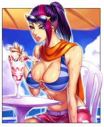 Rule 34 | 1girl, blue eyes, breasts, cleavage, eyewear on head, fiora (league of legends), food, ice cream, large breasts, league of legends, lipstick, makeup, multicolored hair, nose, o-ring, o-ring top, pink hair, pink lips, ponytail, pool party (league of legends), pool party fiora, purple hair, sawao, scarf, shorts, sitting, solo, spoon, streaked hair, sundae, sunglasses, sweat, two-tone hair, undercut