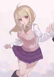 1boy 1girl ahoge akamatsu_kaede black_socks breasts collared_shirt danganronpa_(series) danganronpa_v3:_killing_harmony feet_out_of_frame fortissimo fu_ga_(vivi912912) hair_ornament highres jacket large_breasts long_hair long_sleeves musical_note musical_note_hair_ornament necktie orange_necktie pink_eyes pink_skirt pink_vest pleated_skirt saihara_shuichi shirt simple_background skirt socks solo_focus vest white_bag