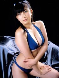 Rule 34 | 1girl, asian, bed sheet, bikini, black hair, blue theme, bra, breast press, breasts, capelet, cleavage, crossed arms, large breasts, photo (medium), sitting, solo, spread legs, squeezing, swimsuit, thighs, tight clothes, underwear