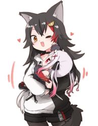 Rule 34 | 2girls, aged down, animal ears, baby, black hair, black shorts, brown eyes, carrying, fang, grey hair, heart, highres, hololive, horns, long hair, multicolored hair, multiple girls, nakiri ayame, nakiri ayame (streetwear), one eye closed, ookami mio, ookami mio (casual), pantyhose, pantyhose under shorts, red eyes, red hair, shorts, skin-covered horns, streaked hair, sweater, tail, tail around own leg, tonton (tonz159), two-tone hair, virtual youtuber, wolf ears, wolf girl, wolf tail
