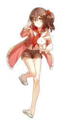 Rule 34 | 1girl, animal, axis powers hetalia, bare legs, blush, brown hair, child, flip-flops, flower, frills, full body, hair flower, hair ornament, holding, jacket, leaning, leaning forward, midriff, neckerchief, pigeon-toed, principality of wy (hetalia), rabbit, rella, sandals, short hair, shorts, side ponytail, simple background, solo, standing, standing on one leg, v, w, white background, yellow eyes
