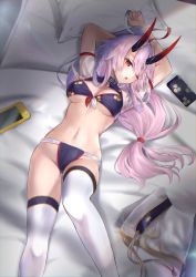Rule 34 | 1girl, ;o, arms up, bikini, breasts, cellphone, cleavage, commentary, commentary request, fate/grand order, fate (series), hane yuki, highres, horns, lying, medium breasts, navel, nintendo switch, on back, on bed, one eye closed, oni horns, phone, pillow, pink hair, red eyes, smartphone, solo, swimsuit, thighhighs, tomoe gozen (fate), tomoe gozen (swimsuit saber) (fate), tomoe gozen (swimsuit saber) (third ascension) (fate), white thighhighs