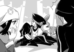 Rule 34 | 1girl, 2boys, akari (pokemon), coat, commentary request, creatures (company), frown, game freak, greyscale, hand up, hat, head scarf, ingo (pokemon), jacket, long sideburns, melli (pokemon), mizuiro123, monochrome, multiple boys, nintendo, off shoulder, open clothes, open coat, open mouth, outdoors, oversized clothes, pants, pokemon, pokemon (creature), pokemon legends: arceus, shirt, shoes, sideburns, sidelocks, sitting, sneasler, sweatdrop, tongue, tongue out