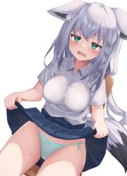 Rule 34 | 1girl, absurdres, animal ear fluff, animal ears, blue panties, blue skirt, blush, braid, breasts, chair, clothes lift, collared shirt, fox ears, fox girl, fox tail, green eyes, grey hair, highres, hololive, kajitsu no hito, large breasts, lifted by self, long hair, looking at viewer, on chair, open mouth, panties, shirakami fubuki, shirt, side-tie panties, skirt, skirt lift, solo, tail, underwear, virtual youtuber, white shirt